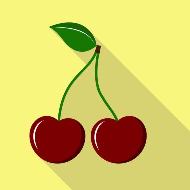 Bir yaprak, uzun bir shado ile peduncle üzerinde iki kiraz