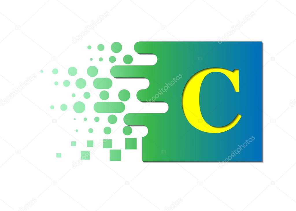 Letter C on a colored square with destroyed blocks on a white background.