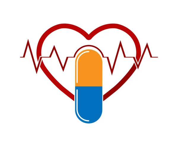 Silhouette des Herzens mit den Ecg- und Kapselmedikamenten, eine fl — Stockvektor