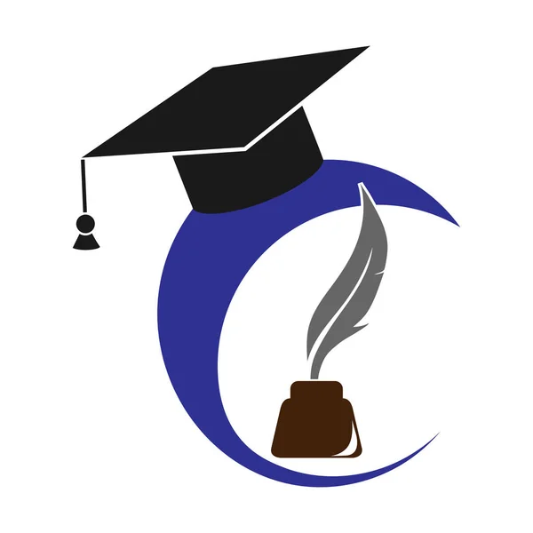 Logo avec casquette graduée, encrier et stylo, image plate — Image vectorielle
