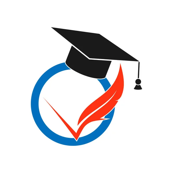 Logo con cappuccio graduato e penna per scrittura, immagine piatta — Vettoriale Stock