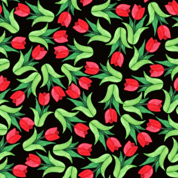 Motif floral sans couture avec tulipes rouges, peinture à l'aquarelle — Photo