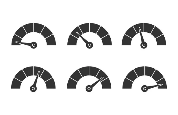 Set van snelheidssensoren, meetinstrumenten met schaal en pijl — Stockvector