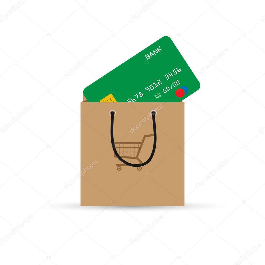 Bank card sticking out of supermarket package, flat design