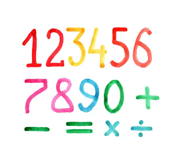 Set van getallen en rekenkundige tekenen, imitatie van aquarel — Stockvector