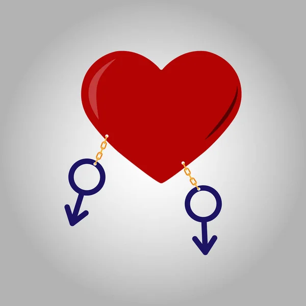 Dos símbolos de masculinidad encadenados al corazón — Vector de stock