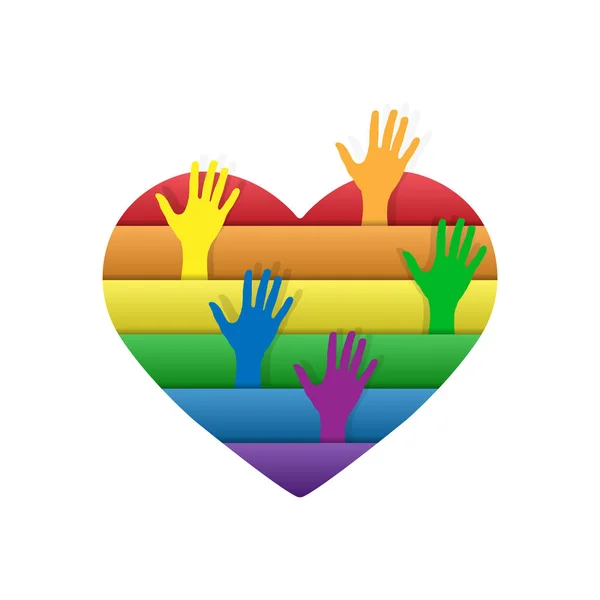 Cuore nei colori delle persone LGBT con le mani in alto — Vettoriale Stock