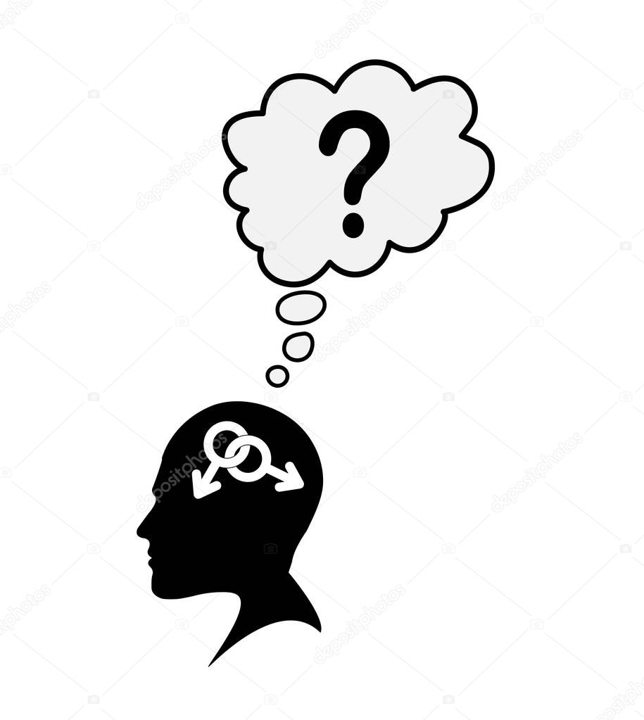 Profile of a male head with a symbol bigender and a question mar