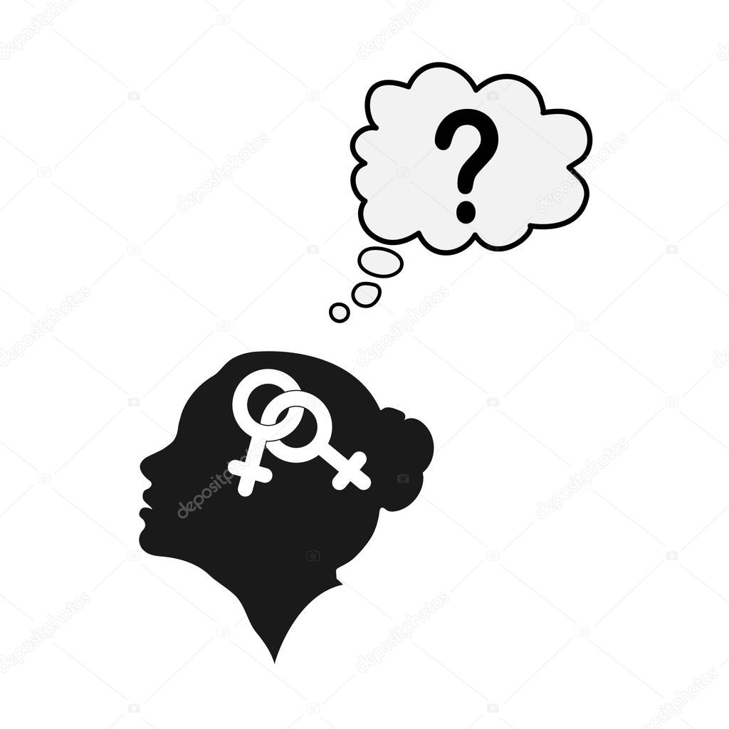 Profile of a female head with the symbol of bigender and a quest
