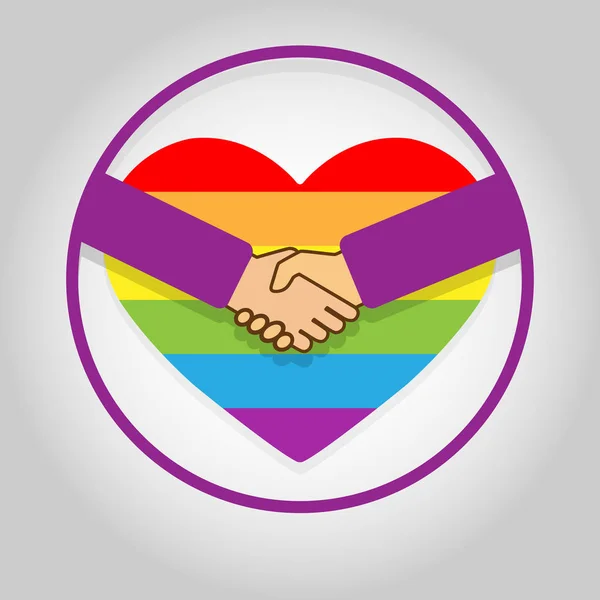 Handshake op de achtergrond van harten in de kleuren van LGBT — Stockvector