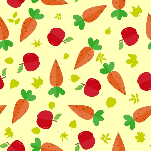 Patrón sin costura con fruta de zanahoria, manzanas y hojas para textiles — Vector de stock