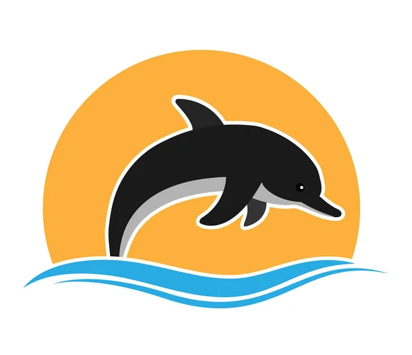 Dolphin against the sun and waves. Flat design for logo — Stockvector