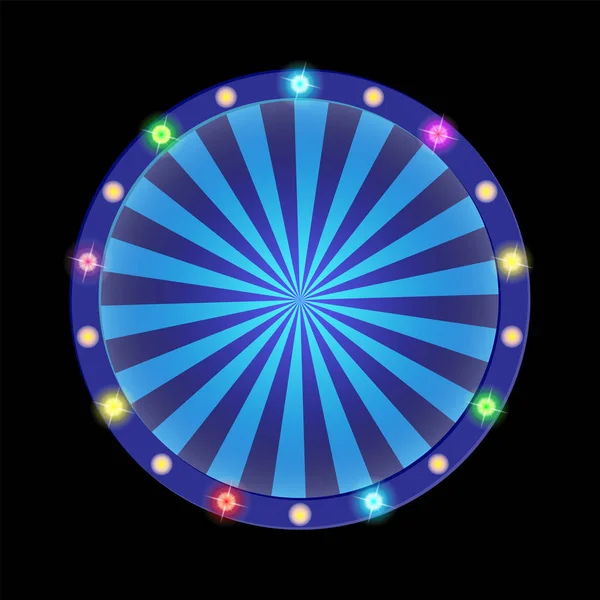 Round disc with a blue background and colorful light bulbs. — Stock Vector