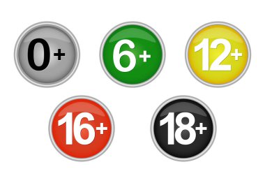 Yaş sınırı olan simgeler veya düğmeler kümesi 