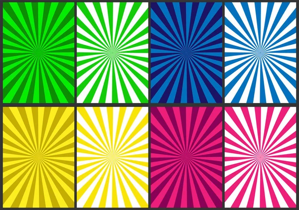 Conjunto de fundos espirais coloridos. Raios coloridos irradiar a partir de th — Vetor de Stock