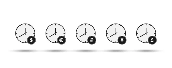 Conjunto de horas con símbolos de moneda. Diseño plano — Vector de stock