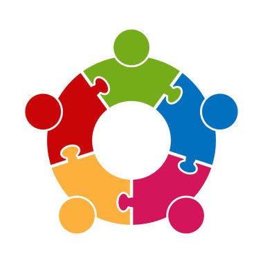 Takım çalışması. Beş kişilik bir grup bir daire oluşturur. Bulmacalar insanlar bir daire oluşturur.