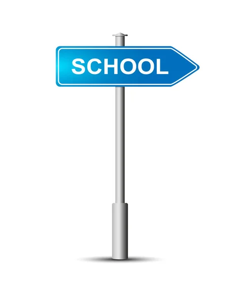Blaues Schild mit der Aufschrift "Schule" am Pfosten. Verkehrszeichen. — Stockvektor