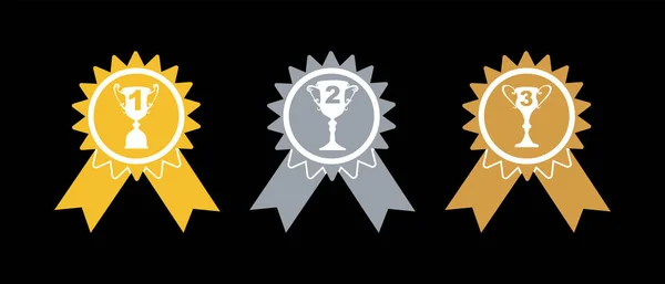 Prize awards. Gold, silver and bronze medals with the image of c — Stock Vector