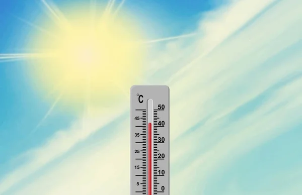 Sol y termómetro. La temperatura del aire es más de 40 grados — Archivo Imágenes Vectoriales