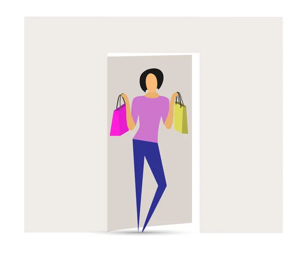 Stijlvol meisje met winkelen uit de winkel, eenvoudig ontwerp. — Stockvector