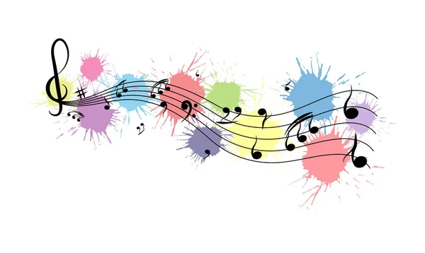 Musical notes on musical lines on the background of colored blot — Stock Vector