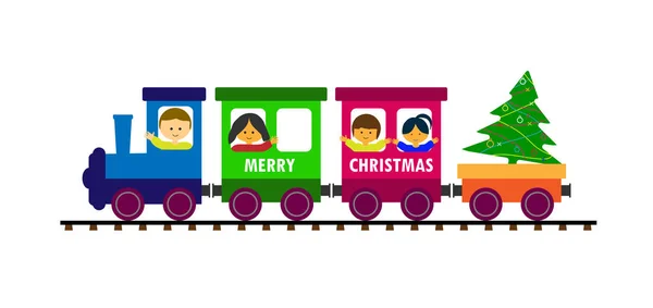 Train de voyageurs pour enfants transporte des enfants et arbre de Noël . — Image vectorielle