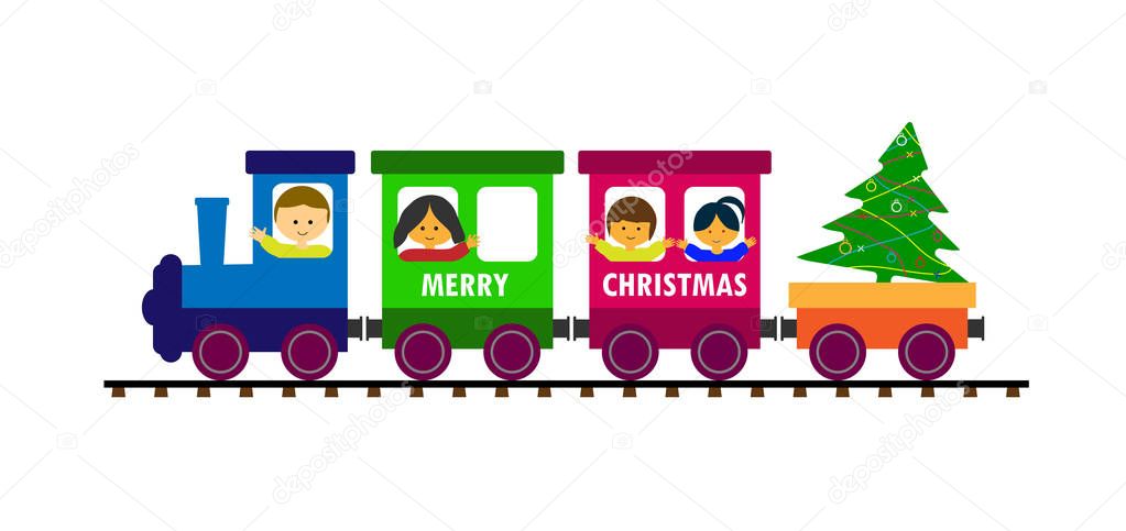 Children's passenger train carries children and Christmas tree.