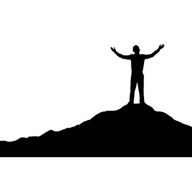 Man standing on top of a mountain with his hands up, simple desi vector