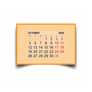 Ekim 2020. Takvim sayfası. Haftada iki gün izin.