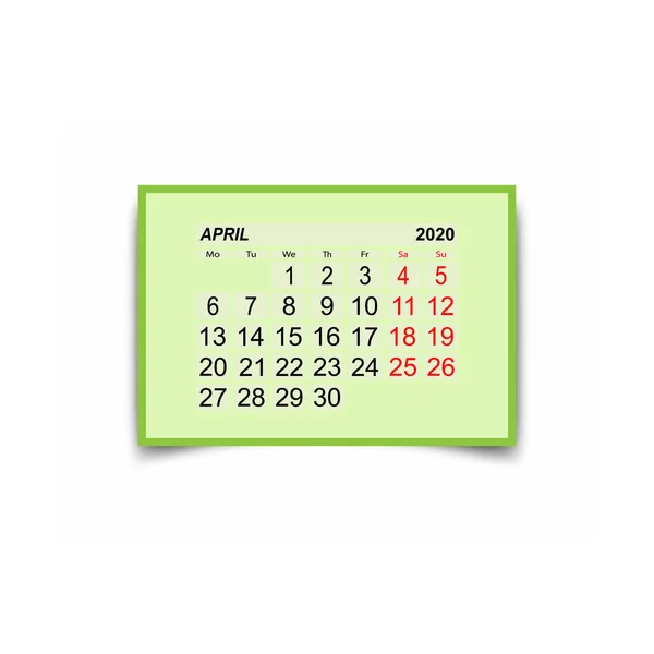 เมษายน 2020 แผ่นปฎิทิน สองวันหยุดต่อสัปดาห์ . — ภาพเวกเตอร์สต็อก