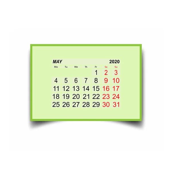 Mayo 2020. Hoja de calendario. Dos días libres a la semana. . — Vector de stock