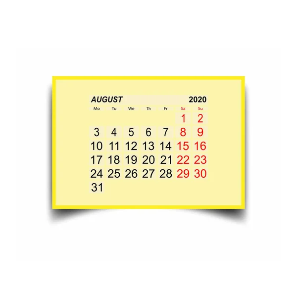 2020 sierpnia. Arkusz kalendarza. Dwa dni poza tygodniem. — Wektor stockowy