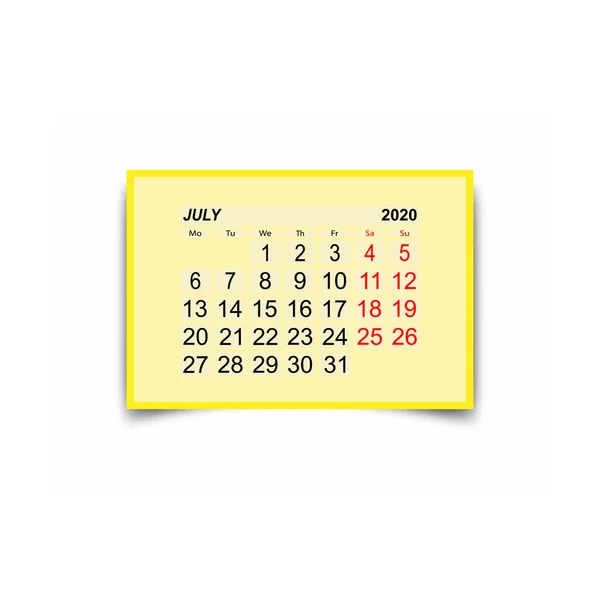2020 lipca. Arkusz kalendarza. Dwa dni poza tygodniem — Wektor stockowy