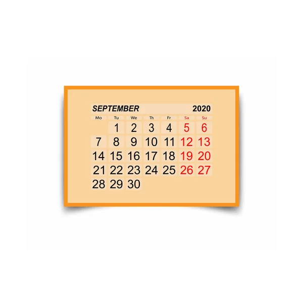 Septembre 2020. Une feuille de calendrier avec deux jours de congé par semaine . — Image vectorielle