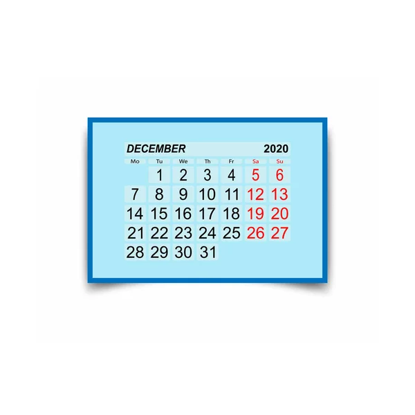 December 2020. Calendar sheet. Two days off a week. — Stock Vector