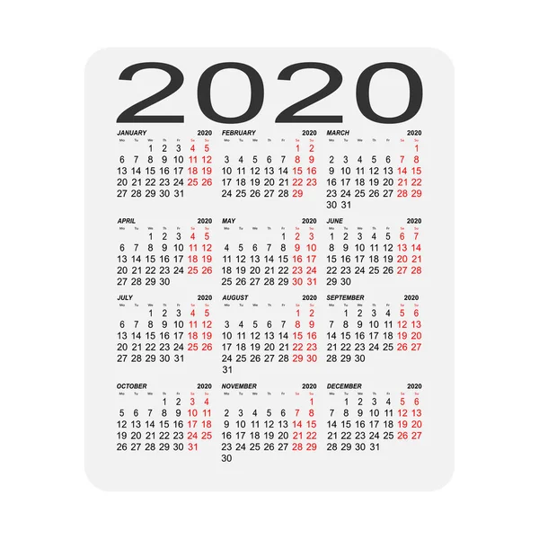 Kalendarz 2020. Arkusz kalendarza. Dwa dni poza tygodniem. — Wektor stockowy