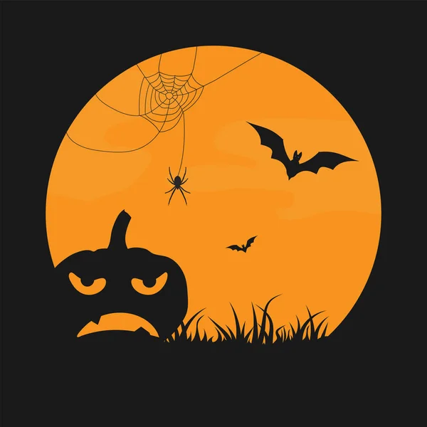 Círculo naranja sobre fondo negro con silueta de calabaza, spide — Vector de stock