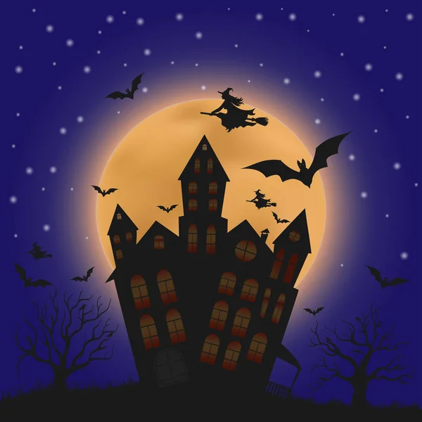 Silueta de una casa sombría contra la luna llena, Halloween . — Vector de stock