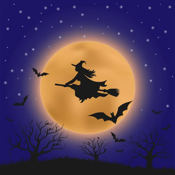 La silueta de una bruja en una escoba contra la luna llena, Hallowee — Vector de stock