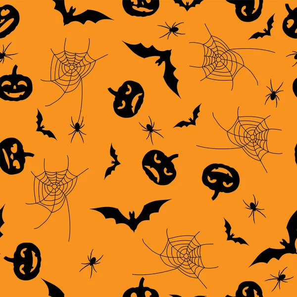 Fondo de Halloween sin costuras naranja con silueta de calabaza negra — Vector de stock