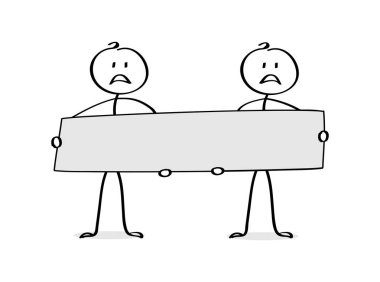 Bir poster tutan iki üzgün karikatür adam, metin için bir yer.