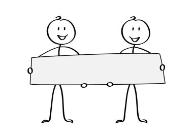 Bir poster tutan iki neşeli karikatür adam, metin için bir yer.