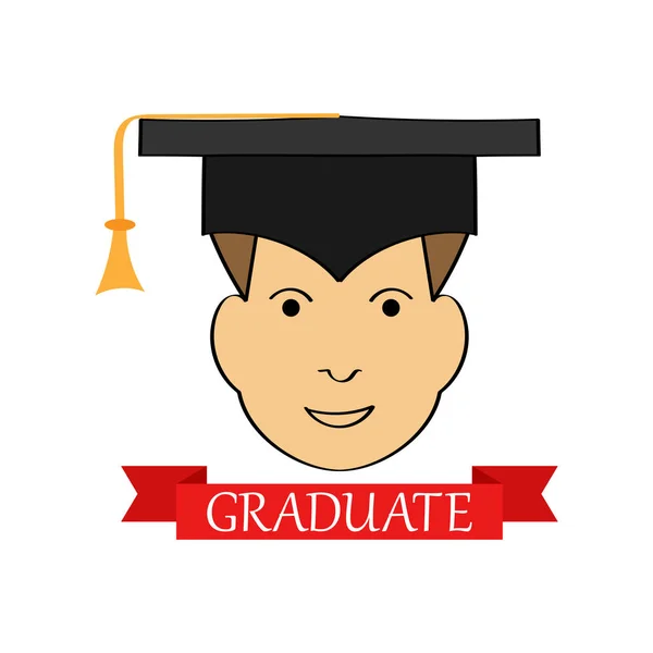 Cara de un joven en un sombrero graduado y graduado inscripción o — Vector de stock