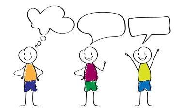 Boş konuşma baloncukları olan üç mutlu karikatür yapıştırıcısı..