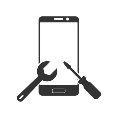 Akıllı telefonun tamiri. Basit bir ikon. İngiliz anahtarlı akıllı telefon.