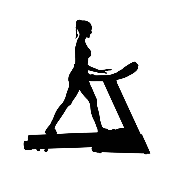 Vrouw traint op een loopband. Vlakke silhouet. — Stockvector