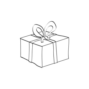 Doodle tarzı kurdeleli bir hediye kutusu. Basit bir tasarım. Düz biçim beyaz arkaplanda izole