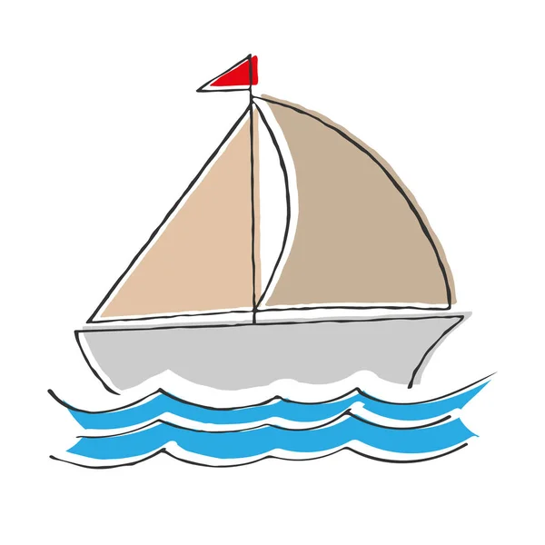 波に帆を張る船 テーマデザインと装飾のための落書きスタイルのベクトルカラーイラスト シンプルなスタイル — ストックベクタ