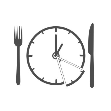 Saat, çatal ve bıçaklı vektör çizimi yemek için zamanın sembolü. Basit bir tasarım. Düz biçim beyaz bir grupta izole